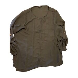 Forever 21 Womens Size L Black 3/4 Sleeve Button Tab Blouse Top Career